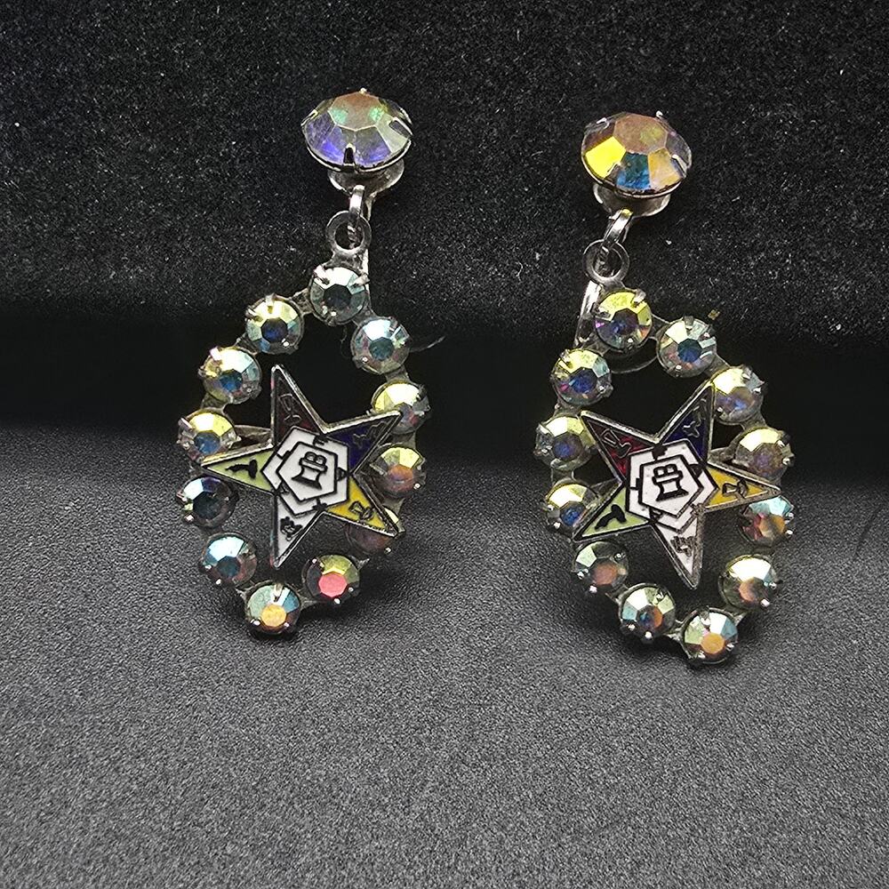 Order of Eastern Star Masonic Screw Back Earrings AB Rhinestone Vintage Glam